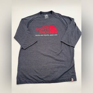 Men’s North Face Heather Blue T-Shirt 3/4 Sleeve Red Logo Standard Fit Sz M